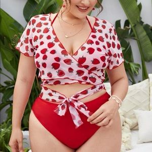 Strawberry Red Three Piece Swim Suit, Size 1XL